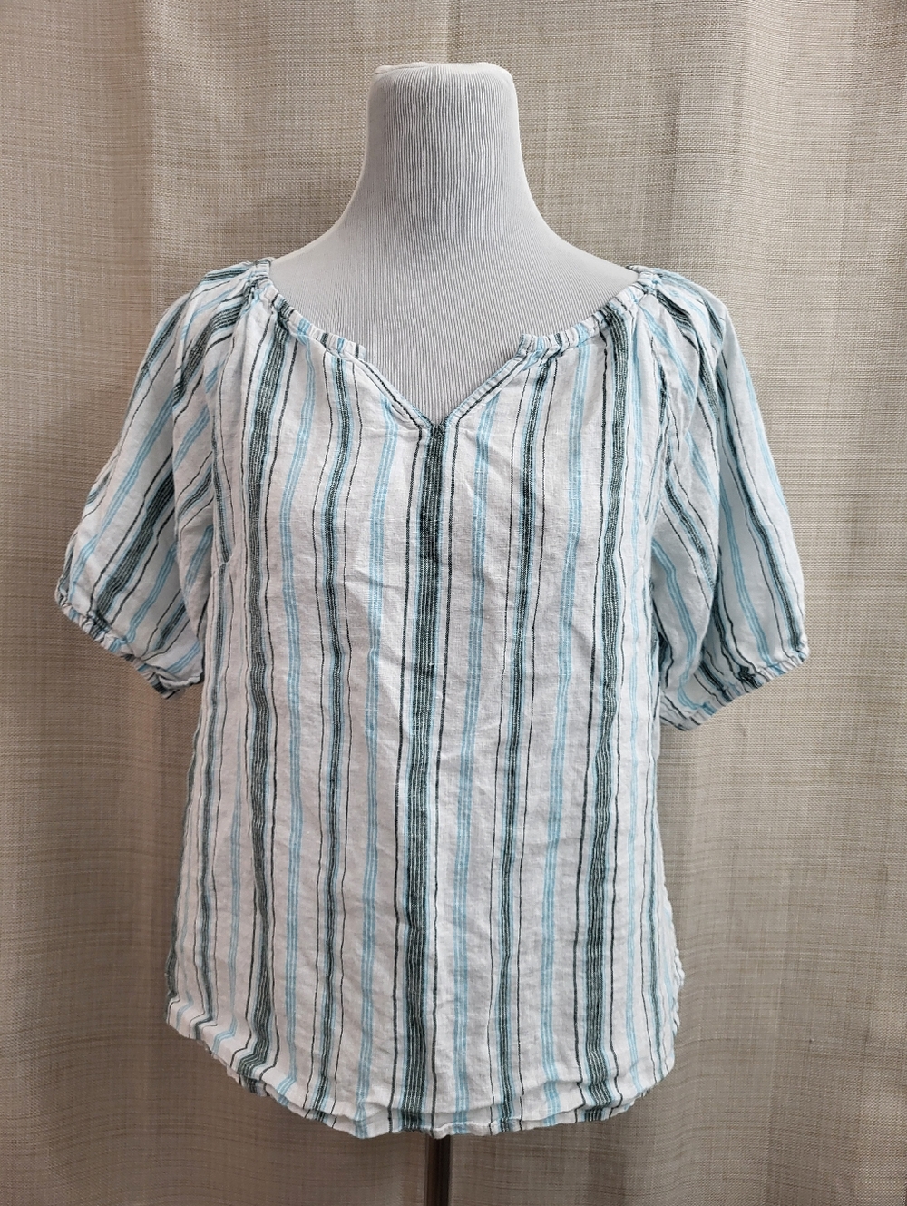 TALBOTS Women's Linen Short Sleeve White Blue Stripe Peasant Top Size Med Petite